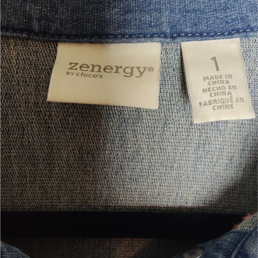 Zenergy by Chico's French Terry Indigo Stretch Embroidered Jean Jacket, Sz 1 (M) - Picture 8 of 10